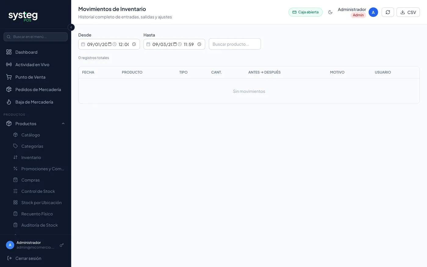 Movimientos de inventario: entradas, salidas y ajustes con stock antes → después.