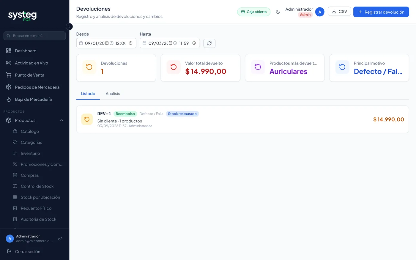 Devoluciones: registro y análisis por motivo y por cliente.