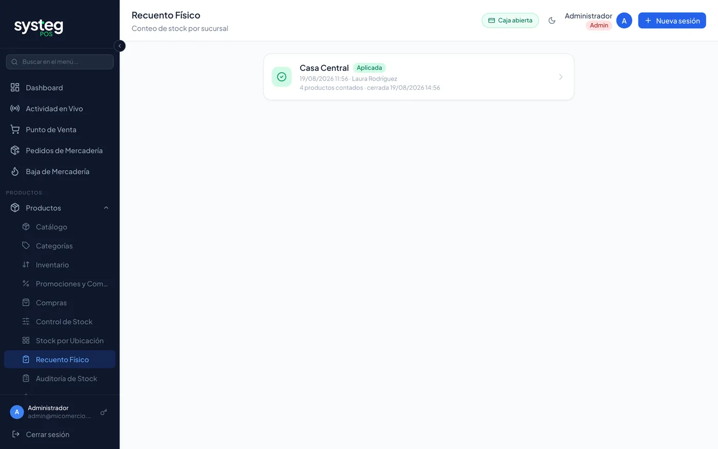 Sesiones de recuento físico por sucursal.