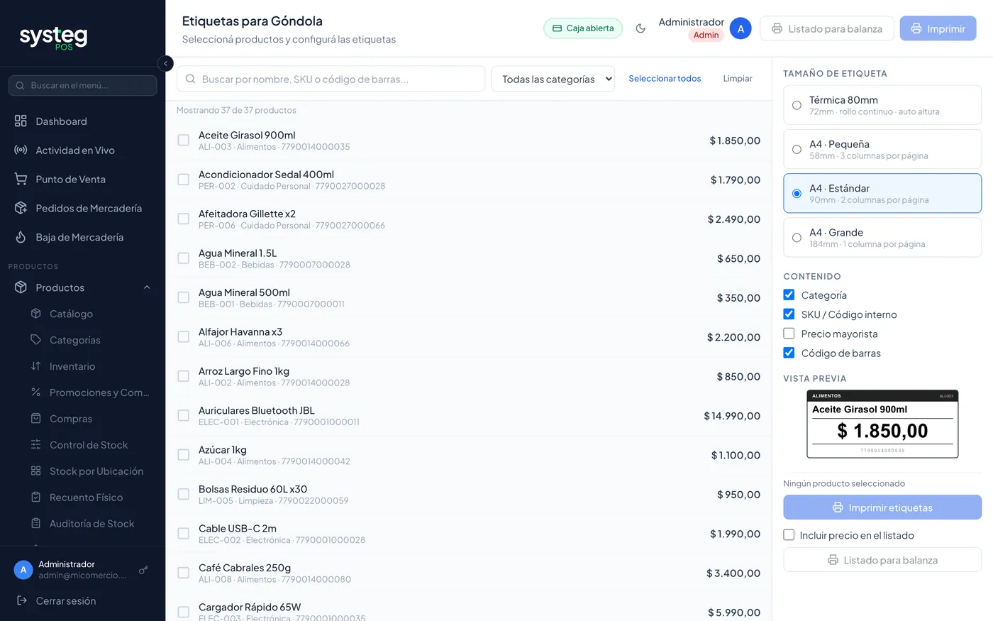 Etiquetas de góndola: selección de productos y vista previa.