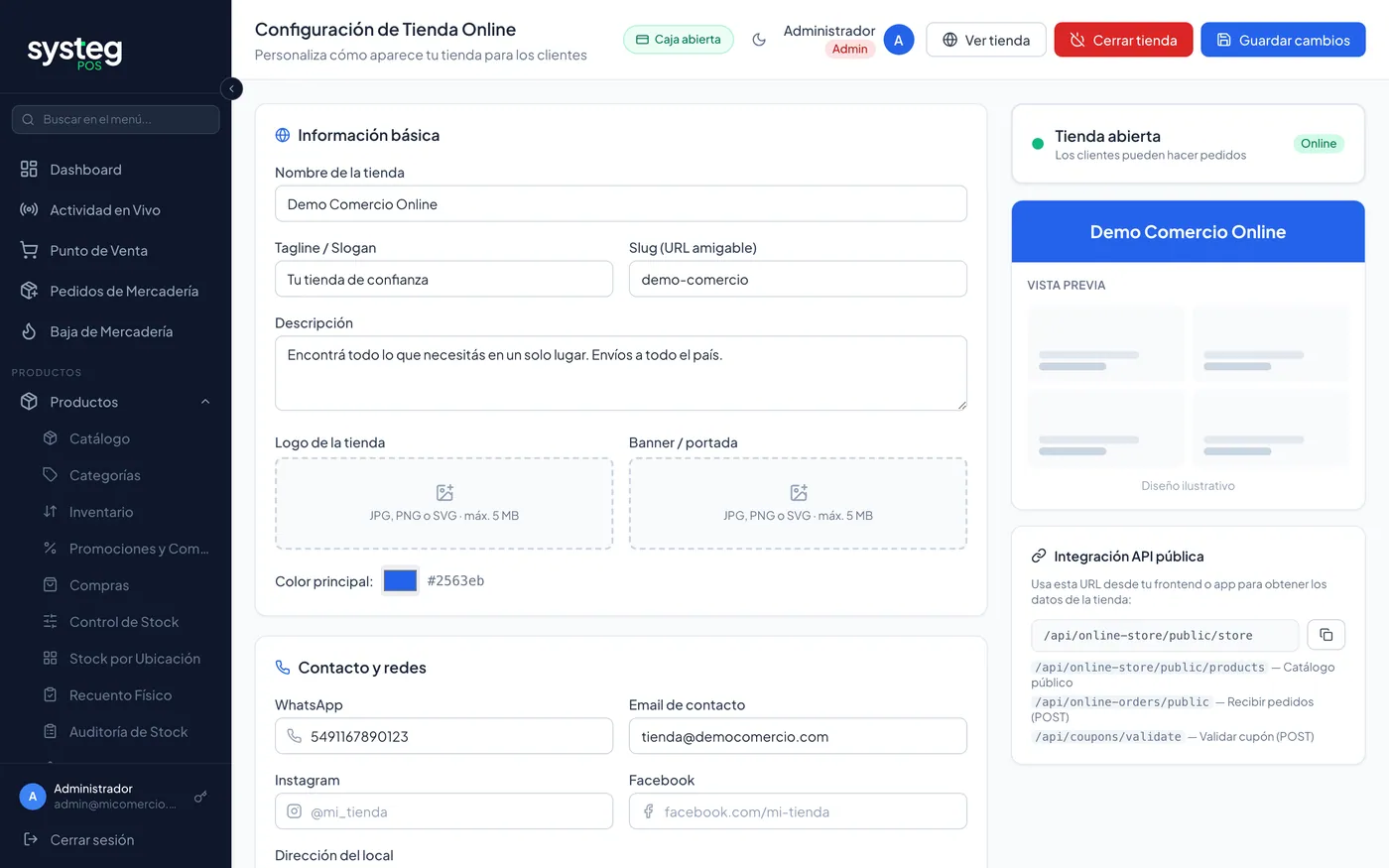 Configuración de la tienda online: identidad, entregas y cobros.