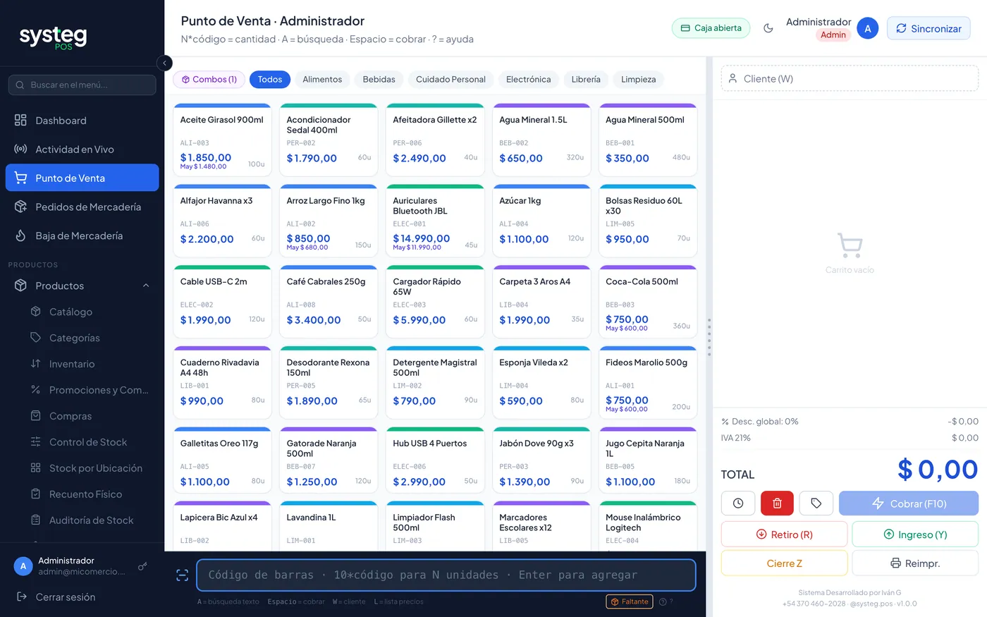 El Punto de Venta: grilla de productos por categoría y carrito con el total.