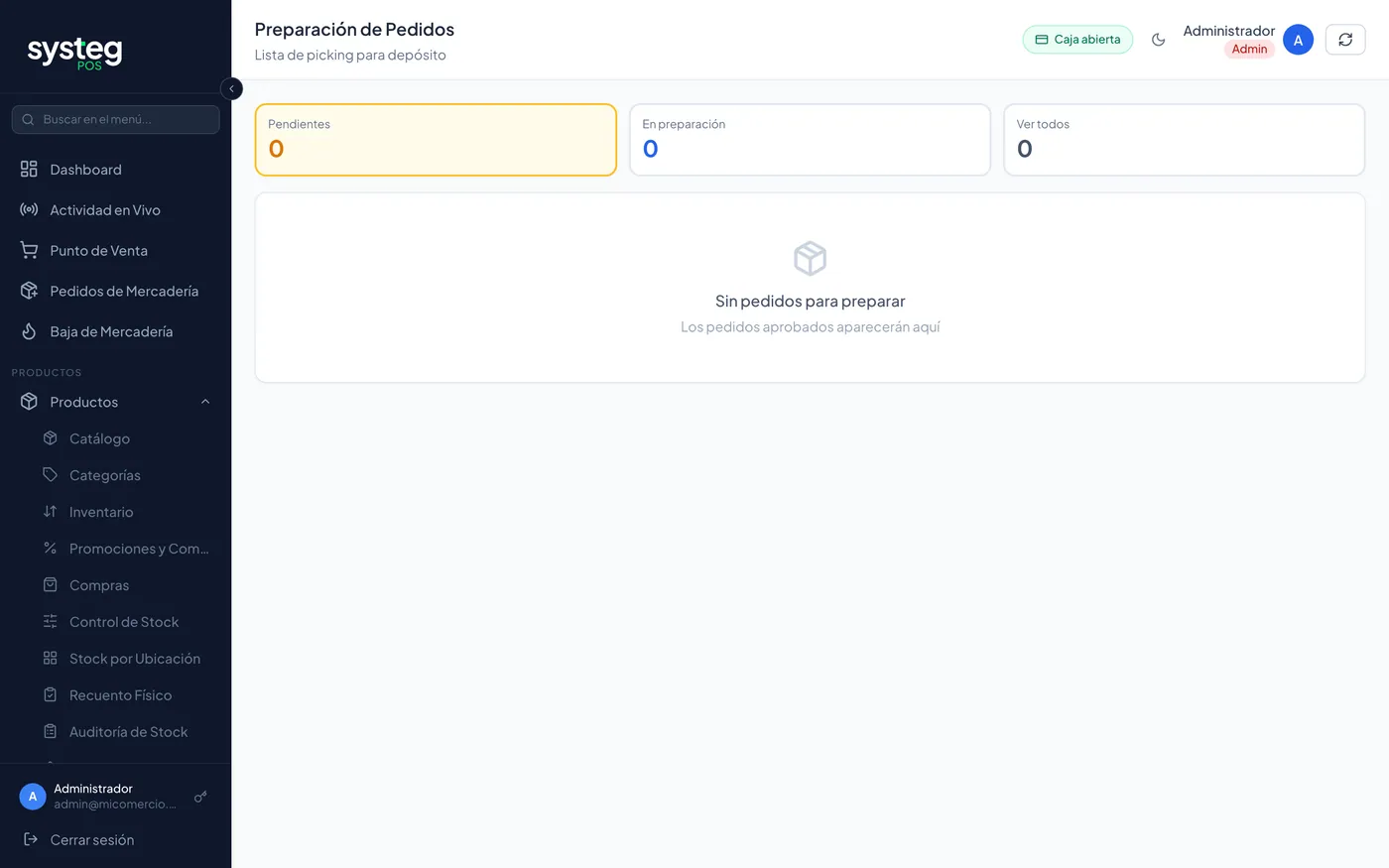 Lista de picking para depósito, con barra de progreso.