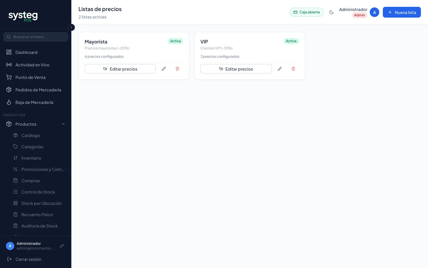 Listas de precios alternativas por tipo de cliente.