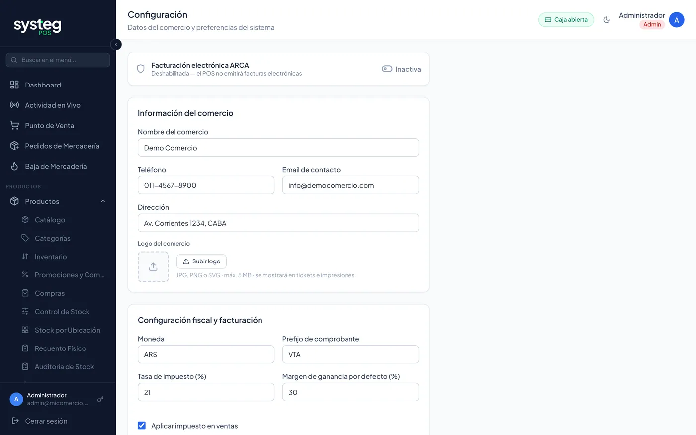 Configuración: datos del comercio, fiscal (ARCA), MercadoPago e impresora.