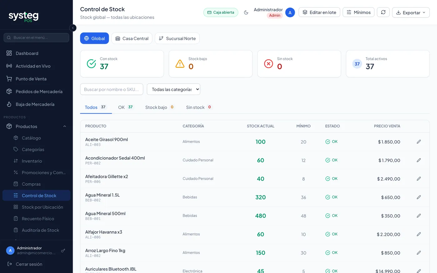 Control de Stock: qué falta reponer, con edición ágil de stock y mínimos.